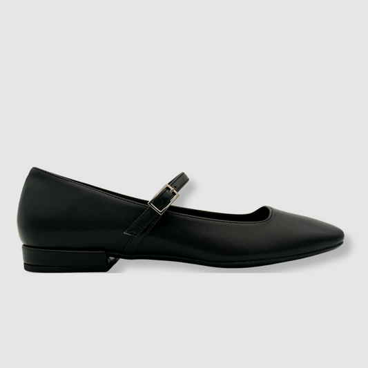 Ballerine noire femme en cuir vue profil, bride fine avec boucle, chaussure élégante Lallurist