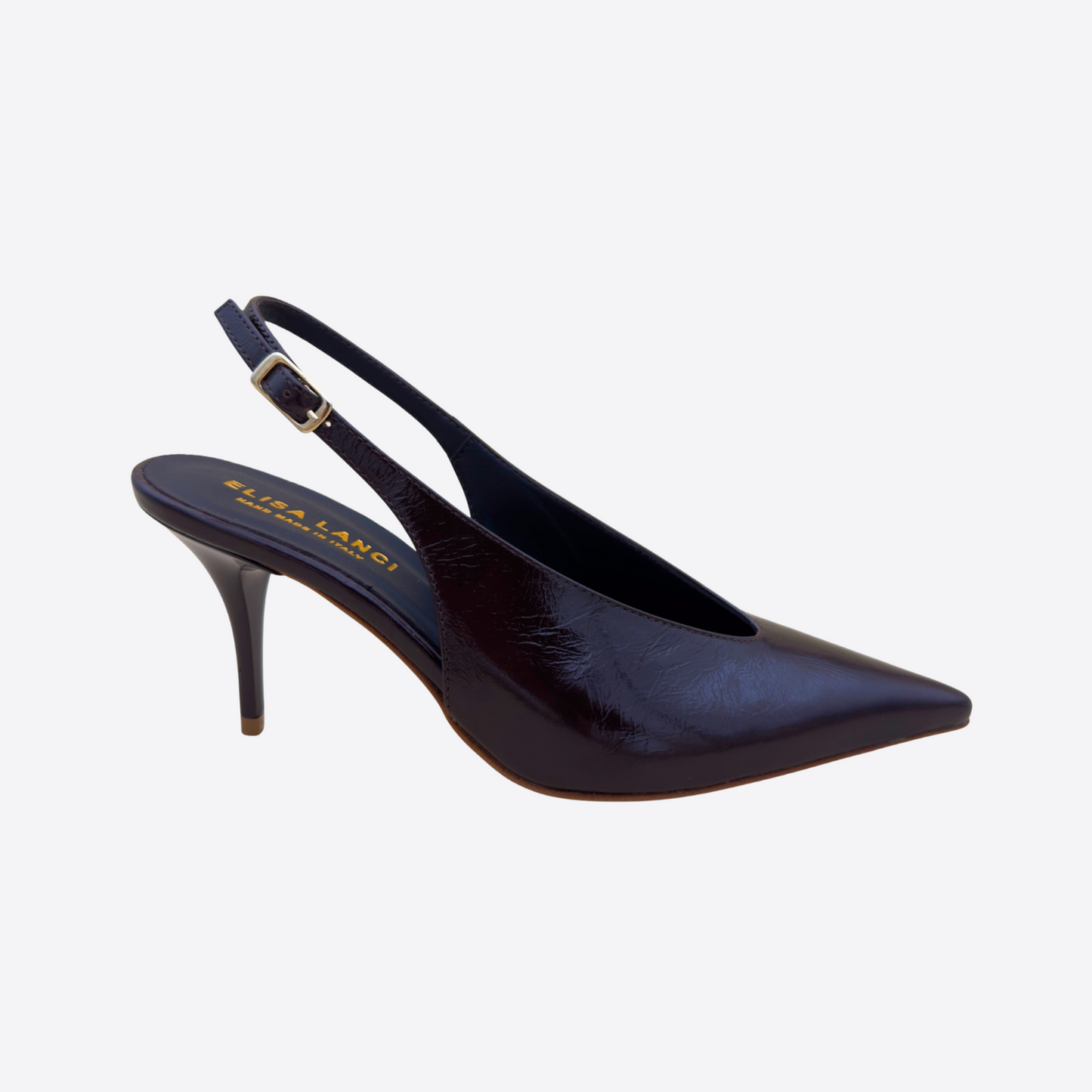 Escarpin slingback marron foncé cuir verni vue latérale talon fin bout pointu