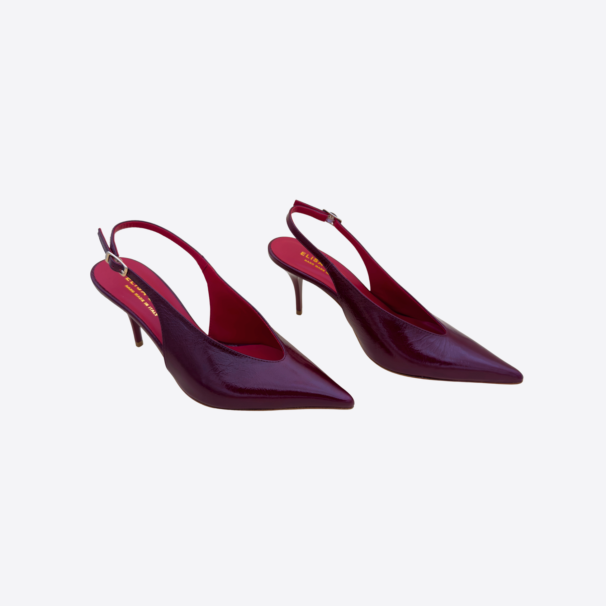 Paire escarpins bordeaux slingback cuir verni vue perspective style sophistiqué