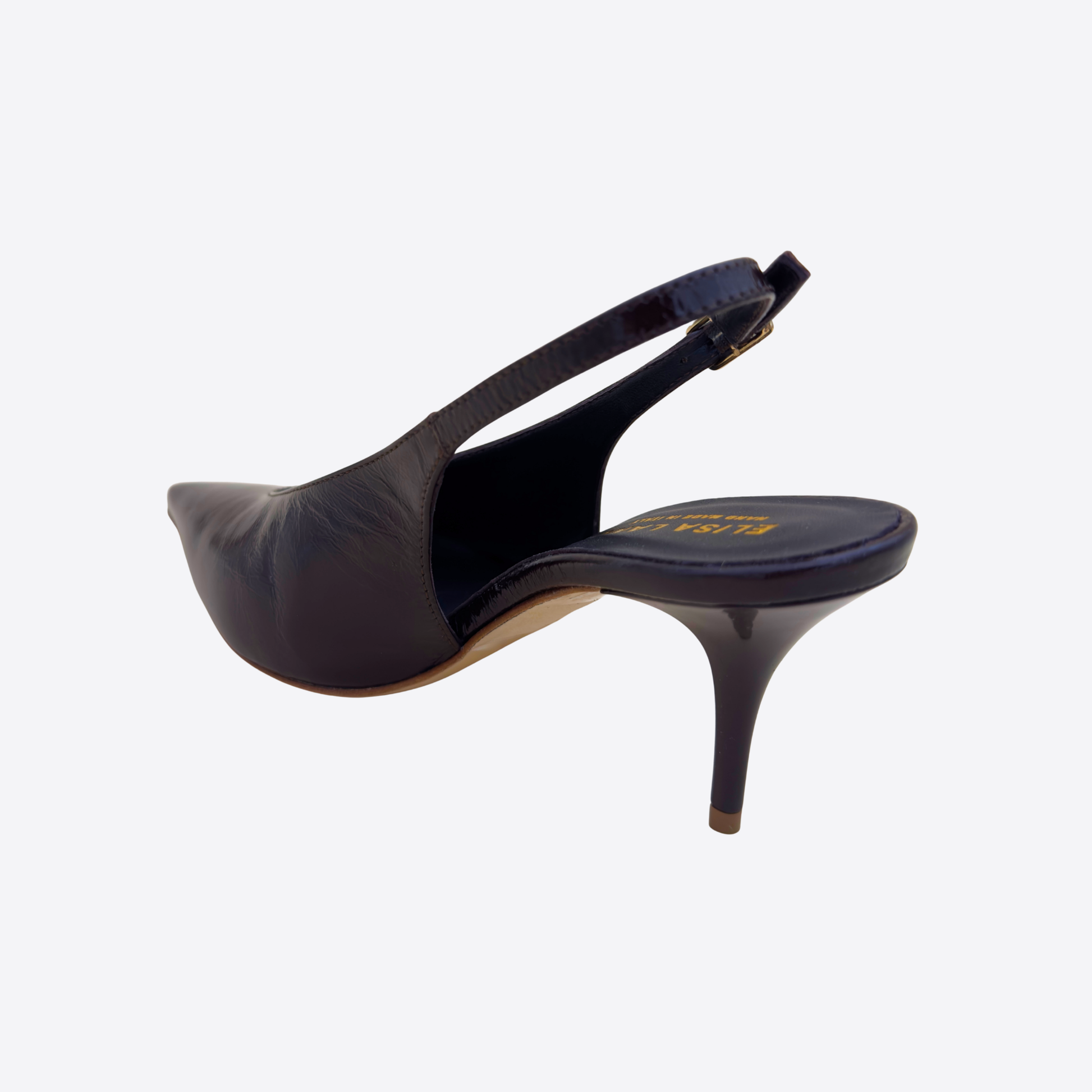 Escarpin noir vue arrière talon aiguille bride réglable cuir brillant