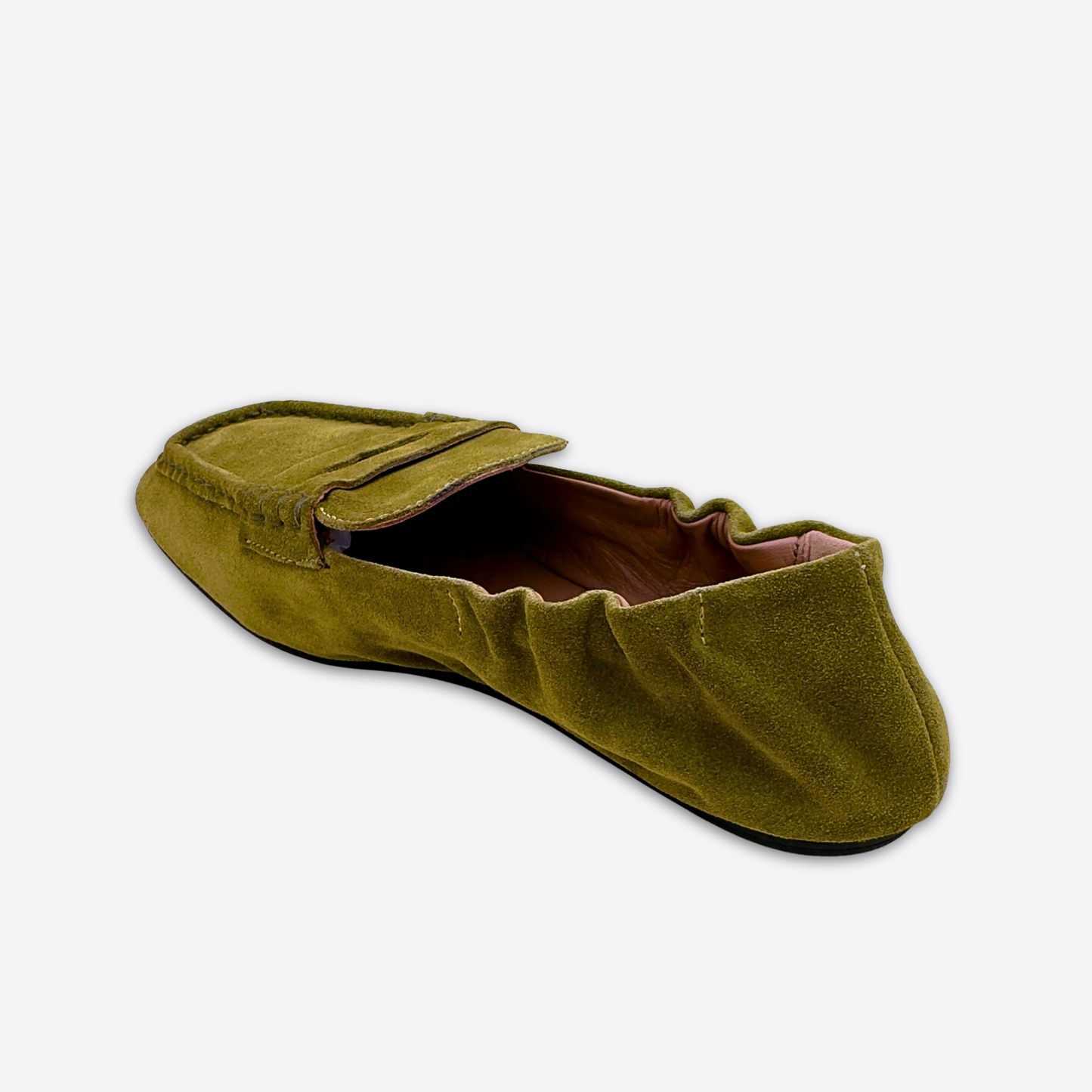 Mocassin daim vert olive talon souple effet seconde peau