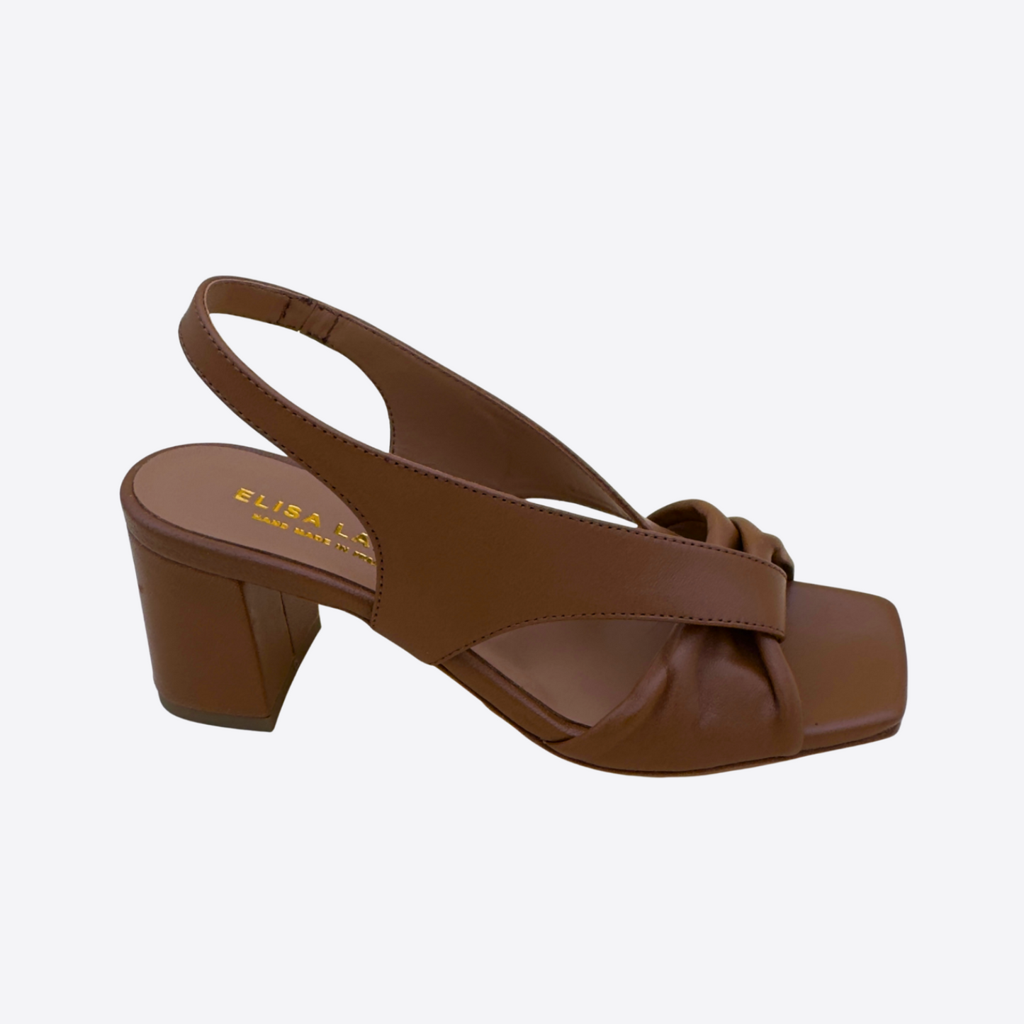 Sandale femme marron caramel cuir talon carré profil latéral minimaliste