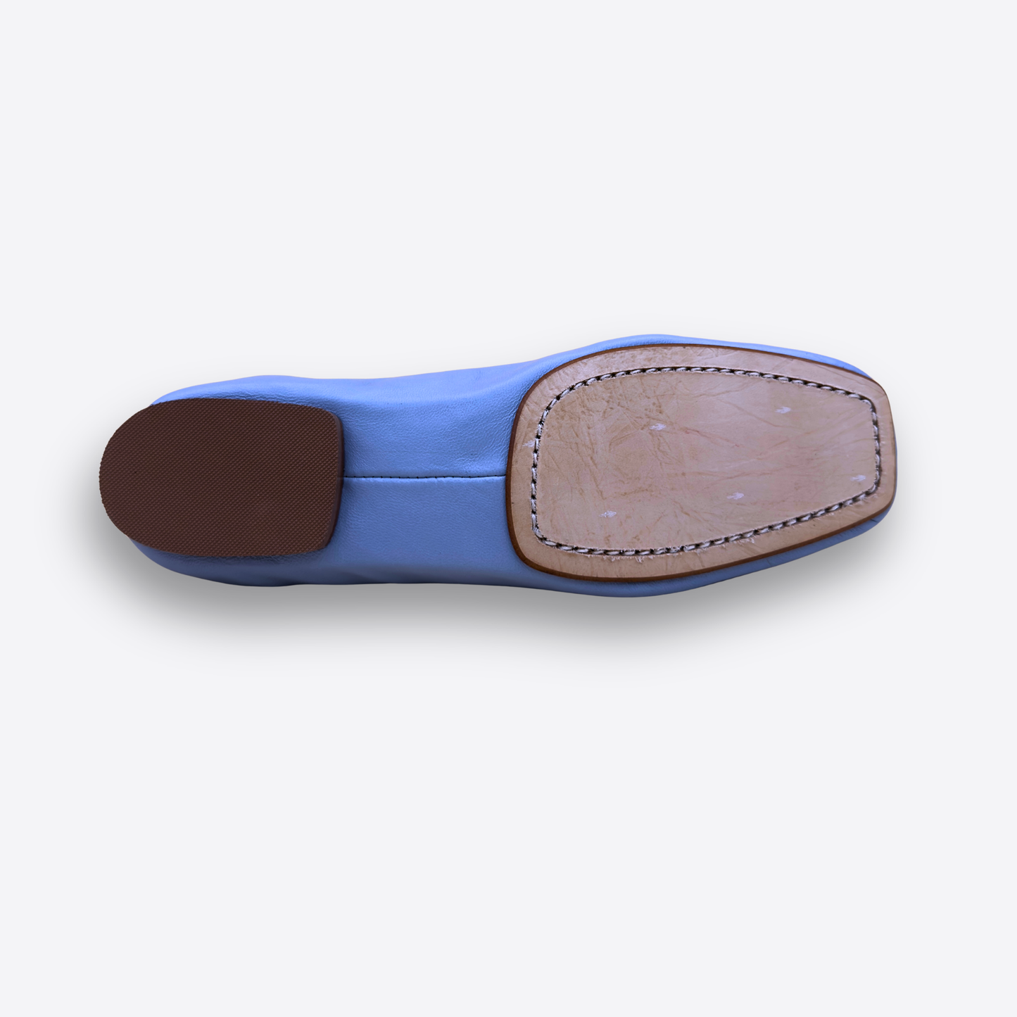 Semelle cuir ballerine bleu ciel fabrication italienne dessous