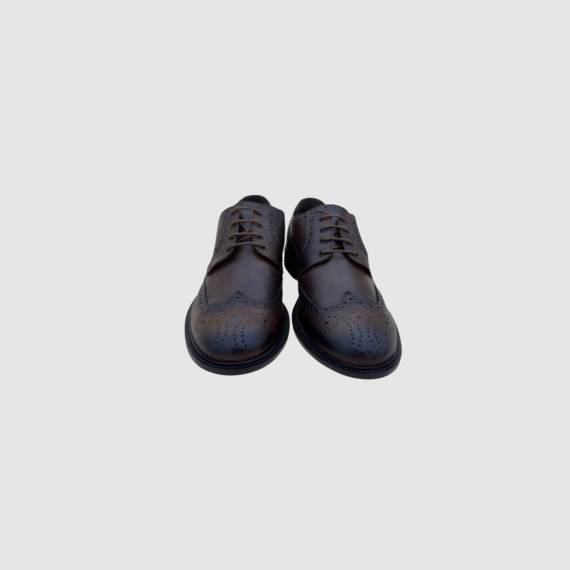 Derby brogue homme cuir marron vue face paire élégante finition artisanale