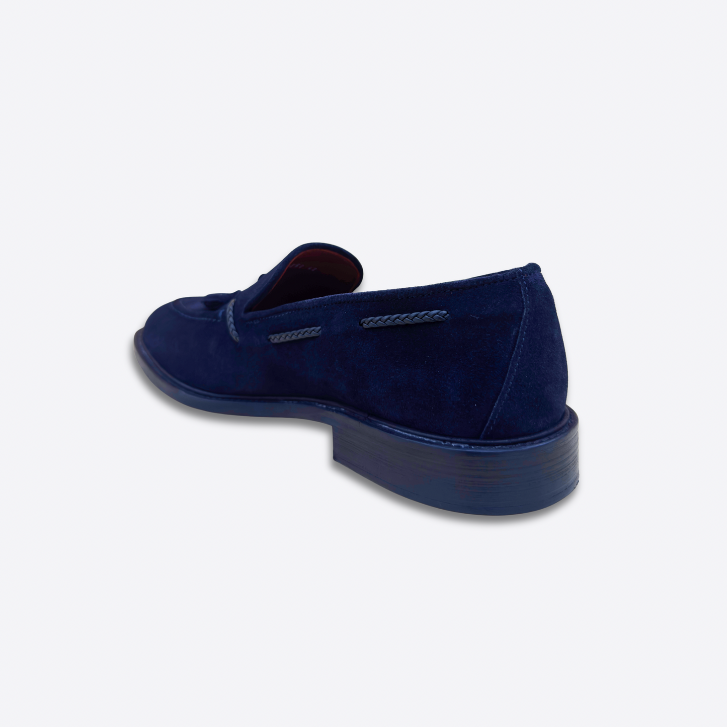 Vue arrière du mocassin en daim bleu Lallurist montrant la finition et la qualité du cuir