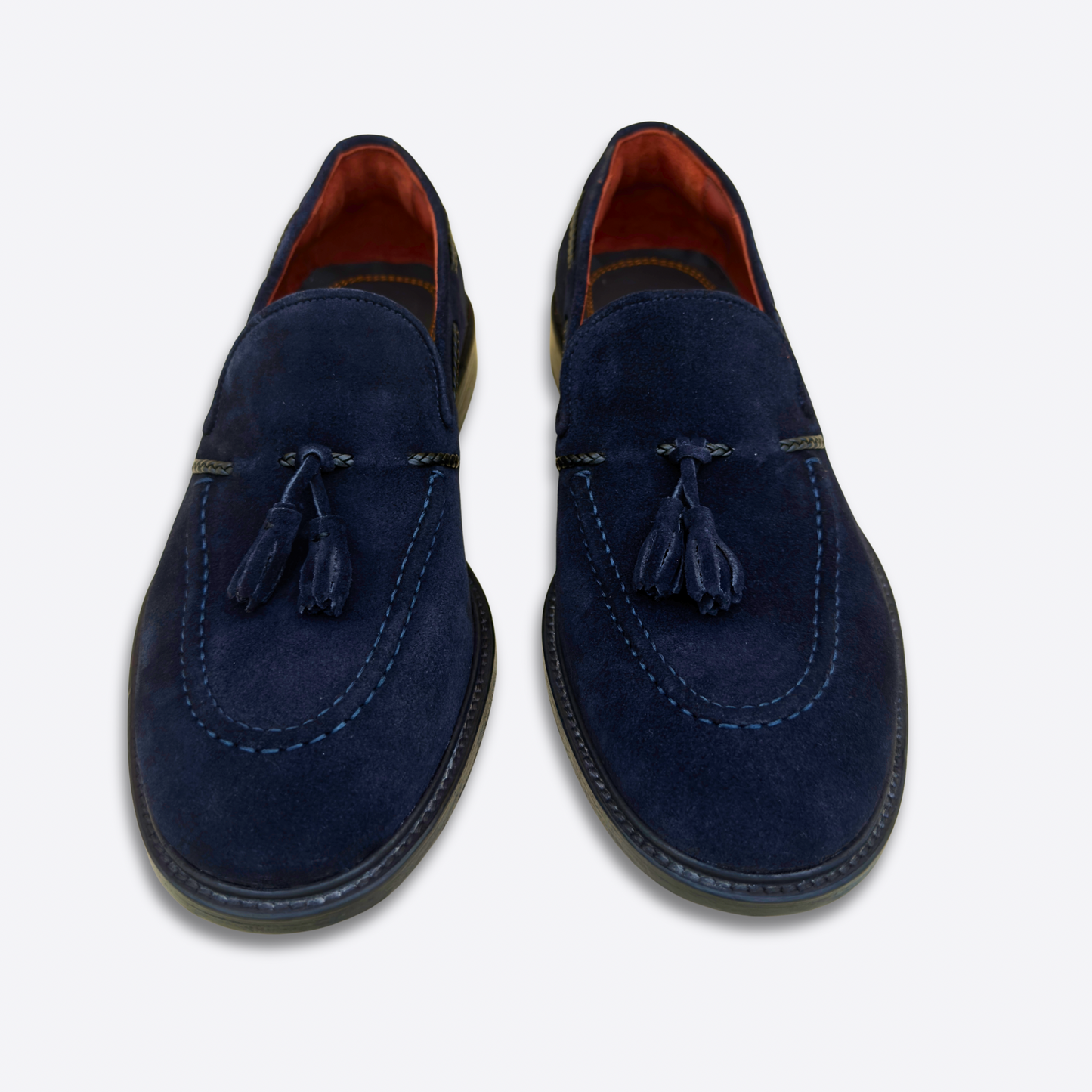Mocassins en daim bleu homme Lallurist avec pampilles, vue de face élégante et finition artisanale